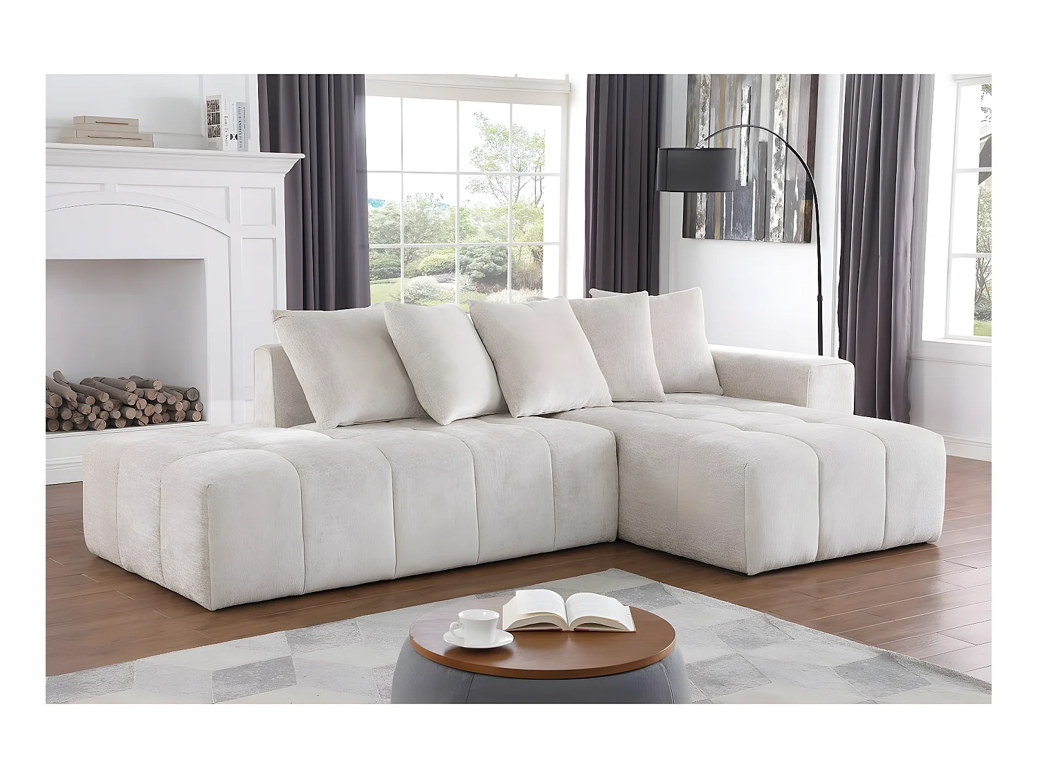 Canapé d'angle en tissu chenille "Haussmann" 3 places - Beige