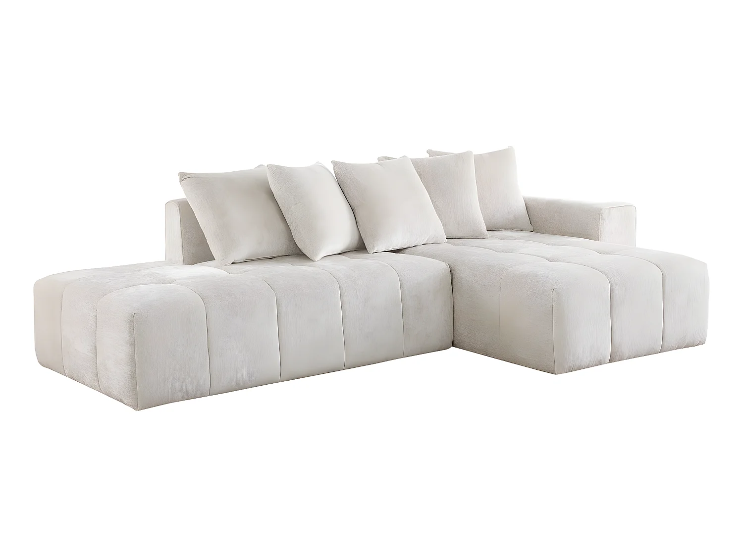 Sofá de canto "Haussmann" em tecido chenille bege de 3 lugares com chaise longue espaçosa