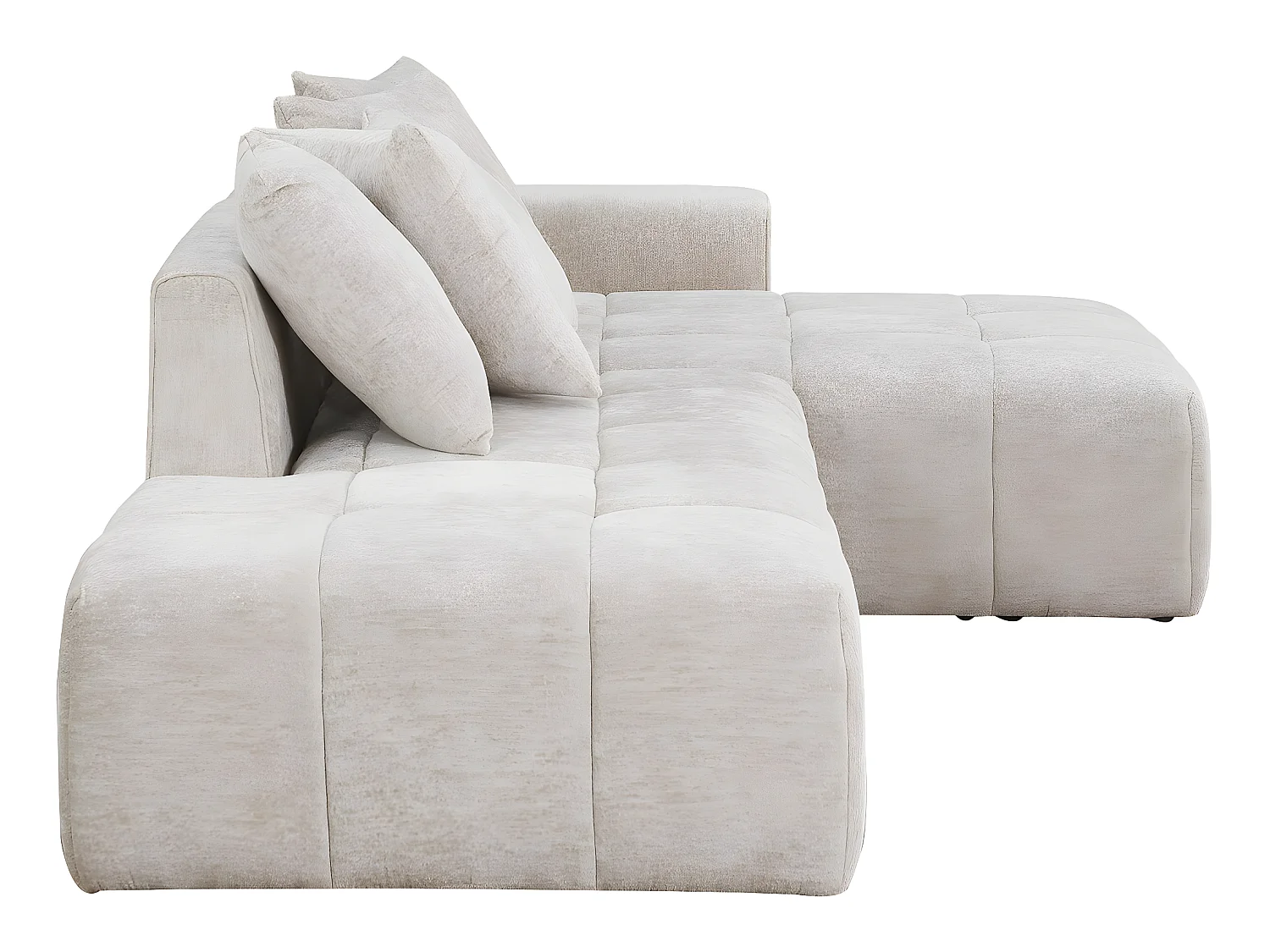 Sofá de canto "Haussmann" em tecido chenille bege de 3 lugares com chaise longue espaçosa