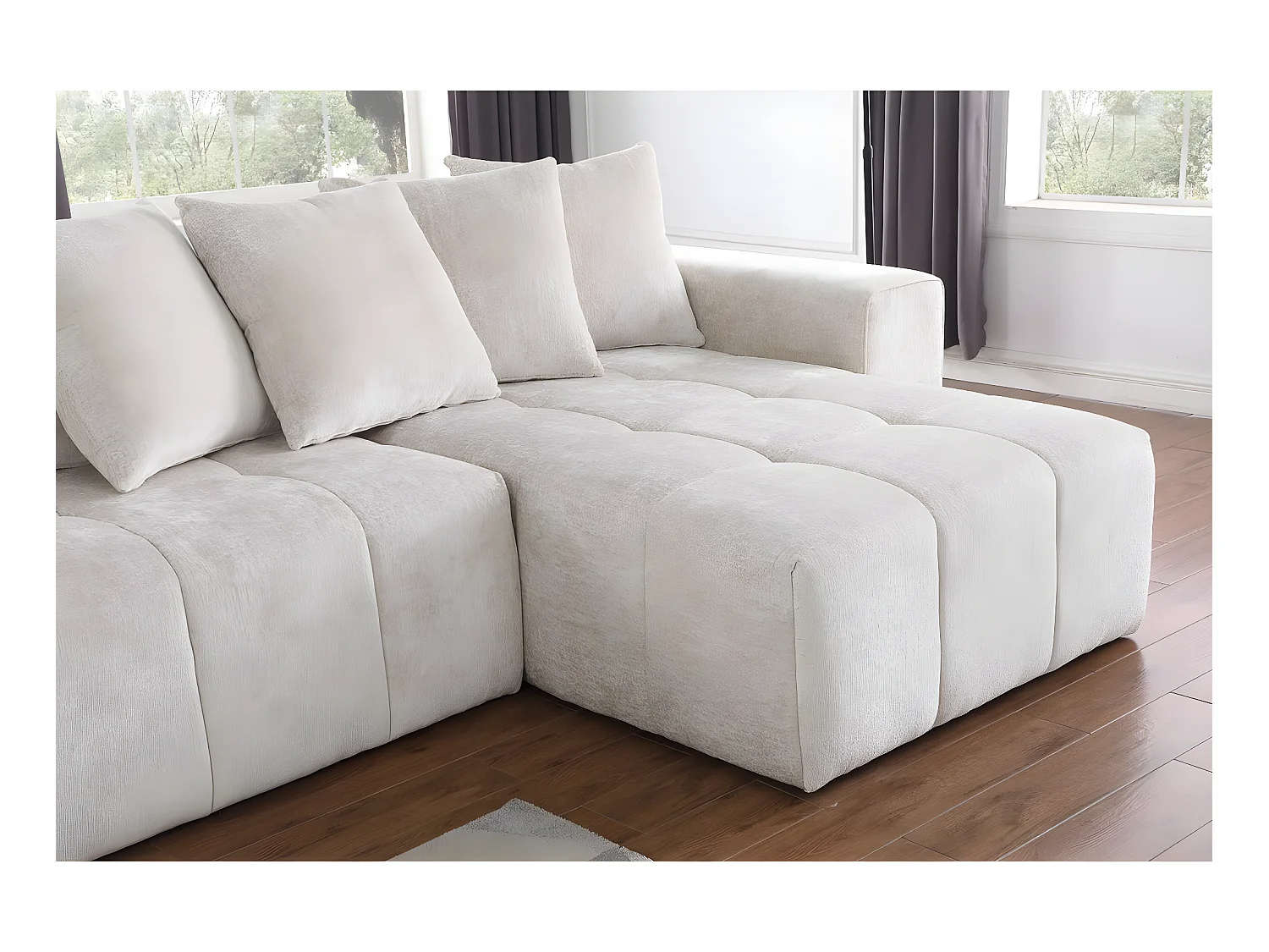 Sofá de canto "Haussmann" em tecido chenille bege de 3 lugares com chaise longue espaçosa