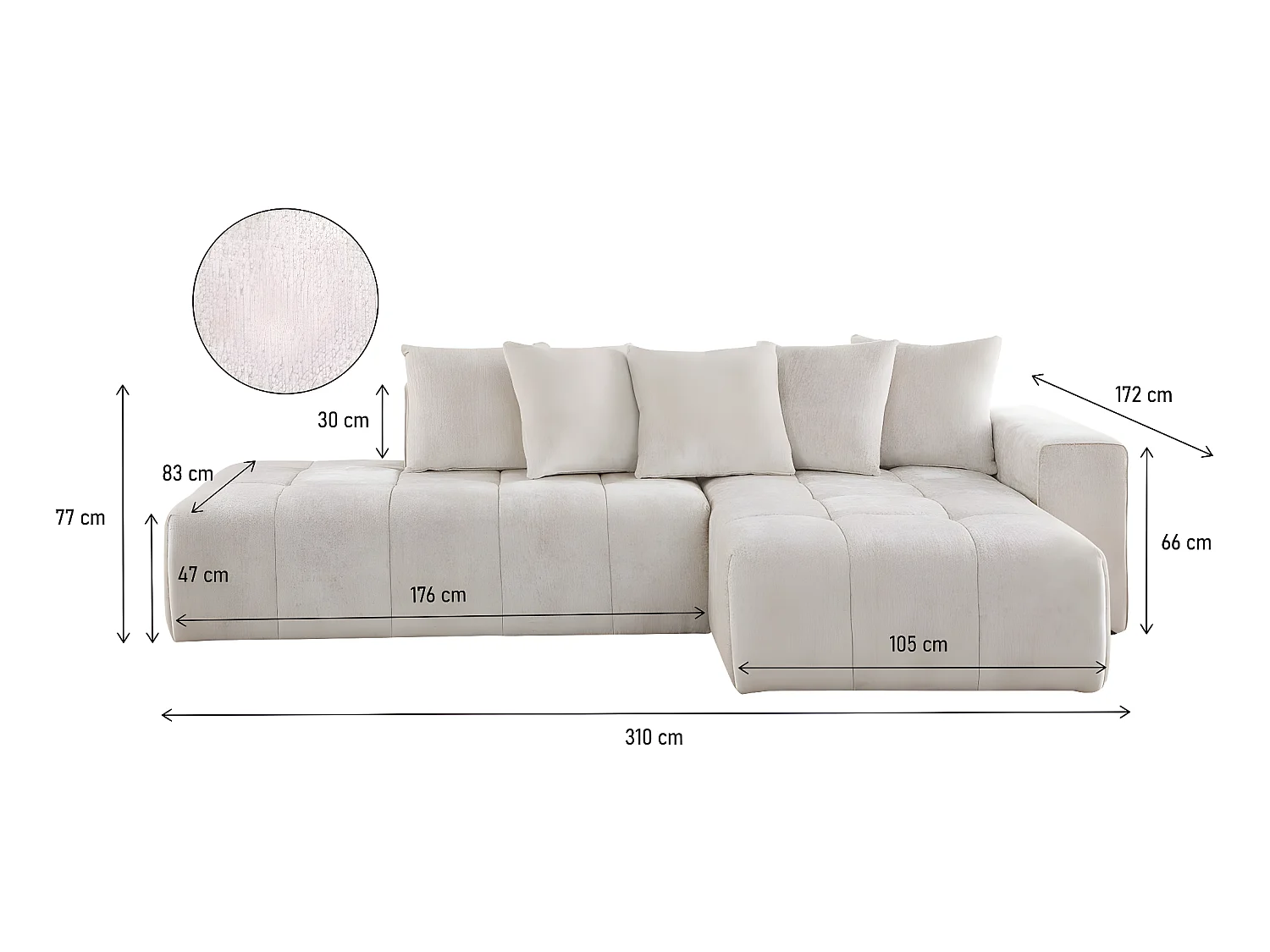 Sofá de canto "Haussmann" em tecido chenille bege de 3 lugares com chaise longue espaçosa