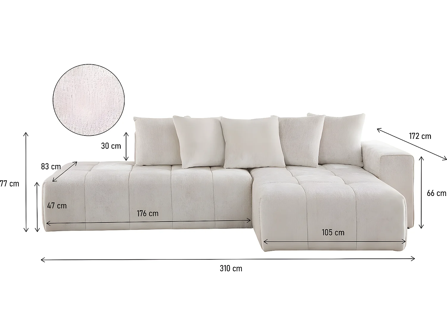 Canapé d'angle en tissu chenille "Haussmann" 3 places - Beige