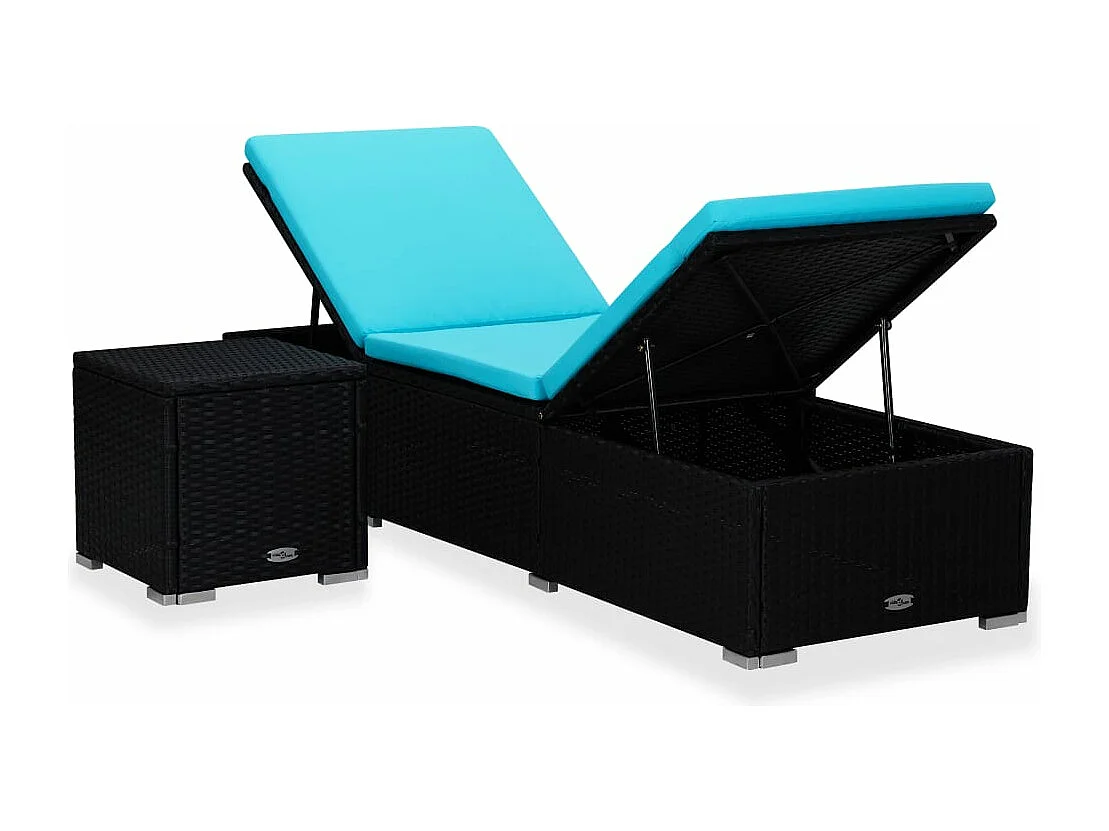 Tumbona tumbona para tomar el sol cama de jardín terraza muebles de exterior con cojín y mesa de té resina tejida negra 02_0021025