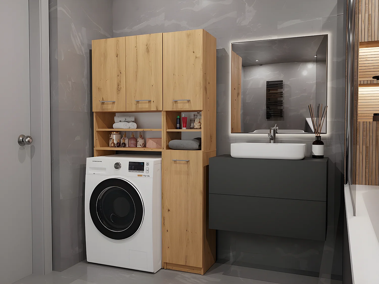 MAROL - Ensemble salle de bain style moderne - 96x30x183 - 4 portes+4 tablettes