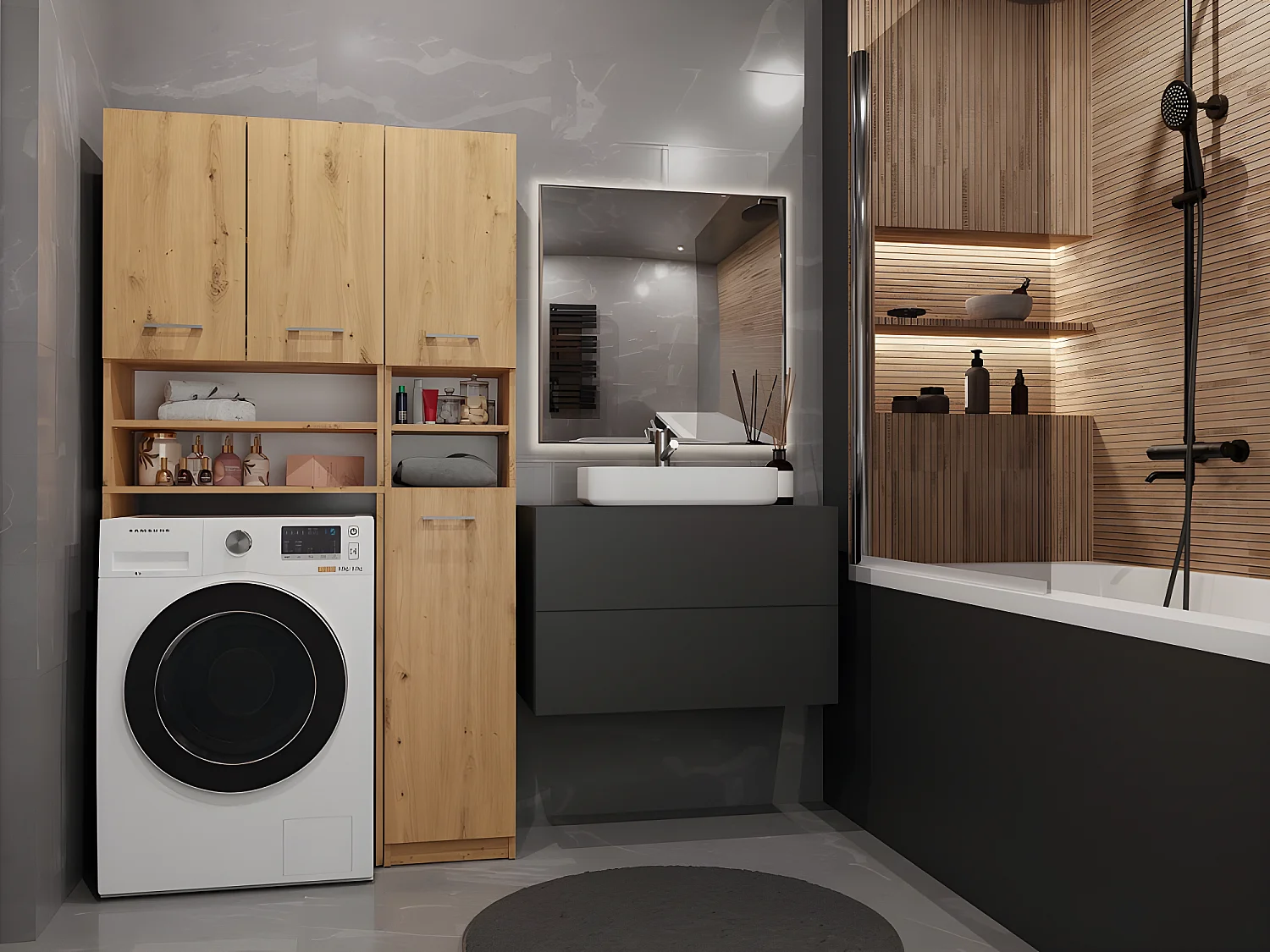 MAROL - Ensemble salle de bain style moderne - 96x30x183 - 4 portes+4 tablettes