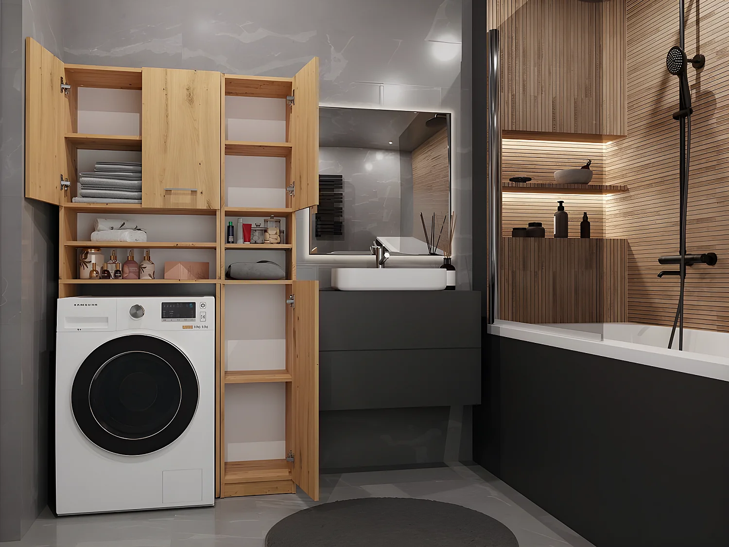 MAROL - Ensemble salle de bain style moderne - 96x30x183 - 4 portes+4 tablettes