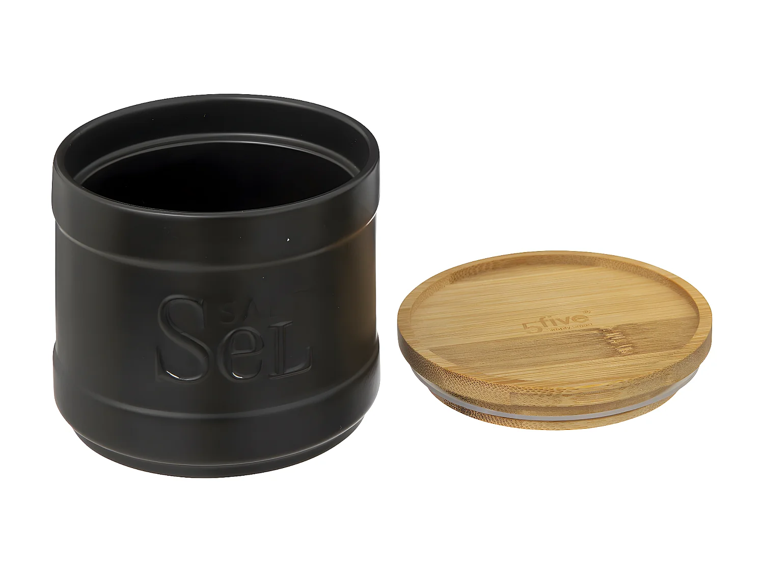 Boîte à sel en céramique Noire et couvercle en Bambou