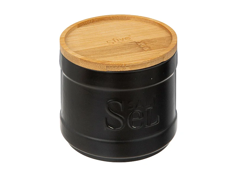 Boîte à sel en céramique Noire et couvercle en Bambou