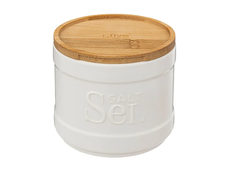 Boîte à sel en céramique Blanche et couvercle en Bambou