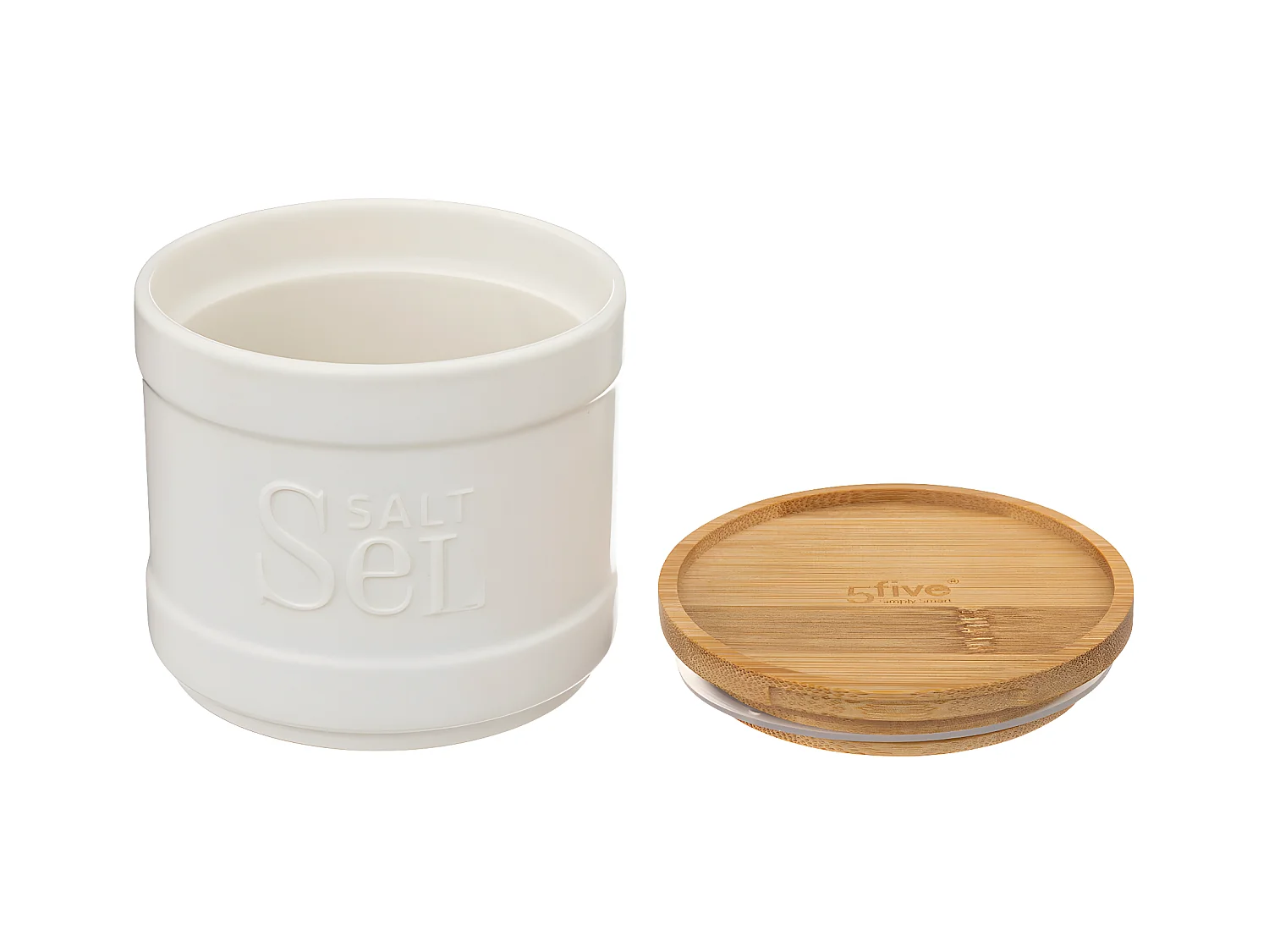 Boîte à sel en céramique Blanche et couvercle en Bambou