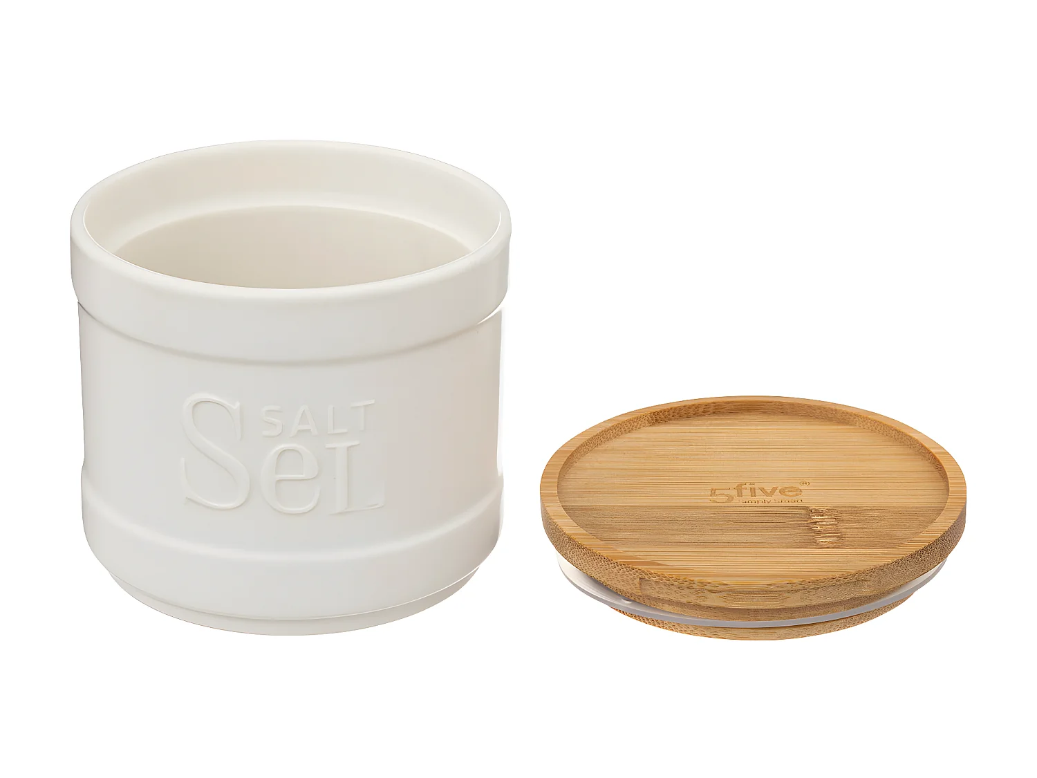 Boîte à sel en céramique Blanche et couvercle en Bambou