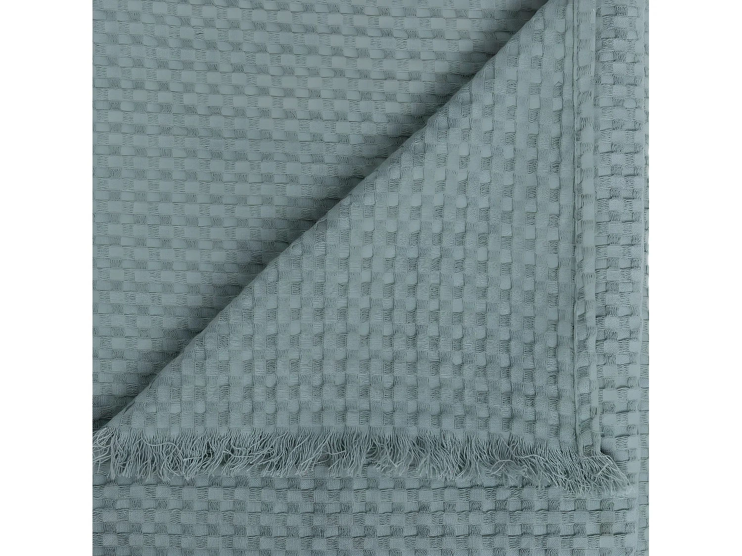 Jeté de lit en coton Vert Céladon nid d'abeille avec franges 130 x 180 cm