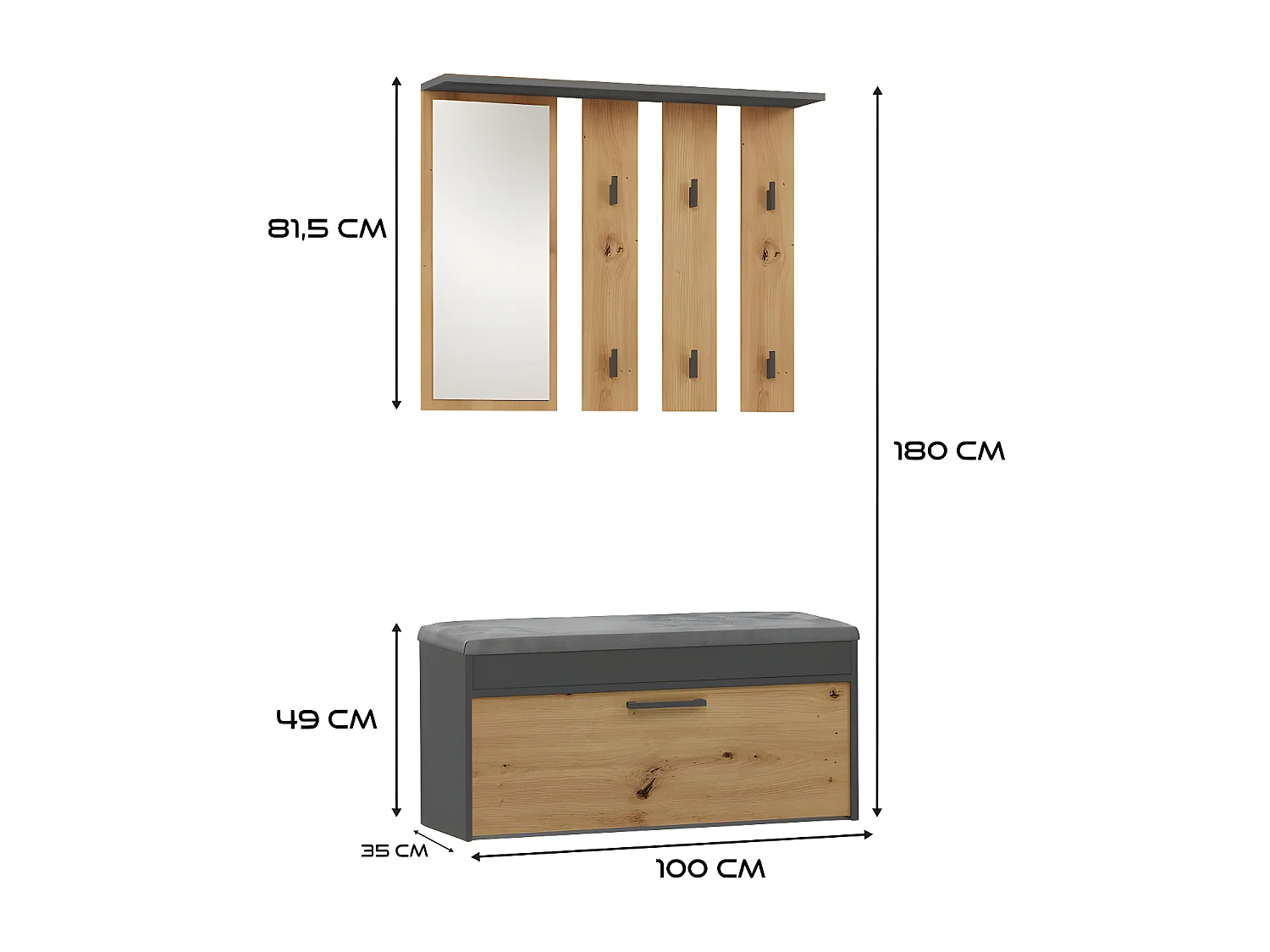 PARMI - Vestiaire d'entrée - Meuble d'entrée avec banc et miroir - Portmanteau Patère murale