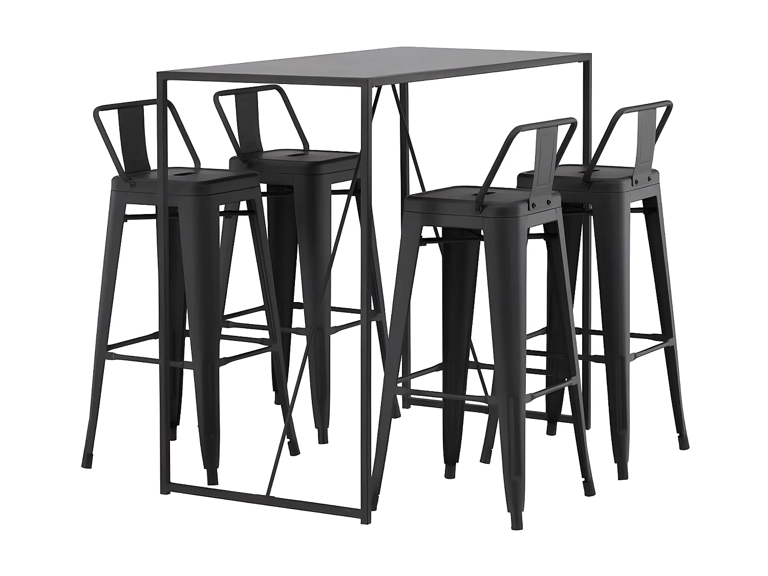 Brea barmeubelset bartafel zwart en 4 Tempe barstoelen zwart.