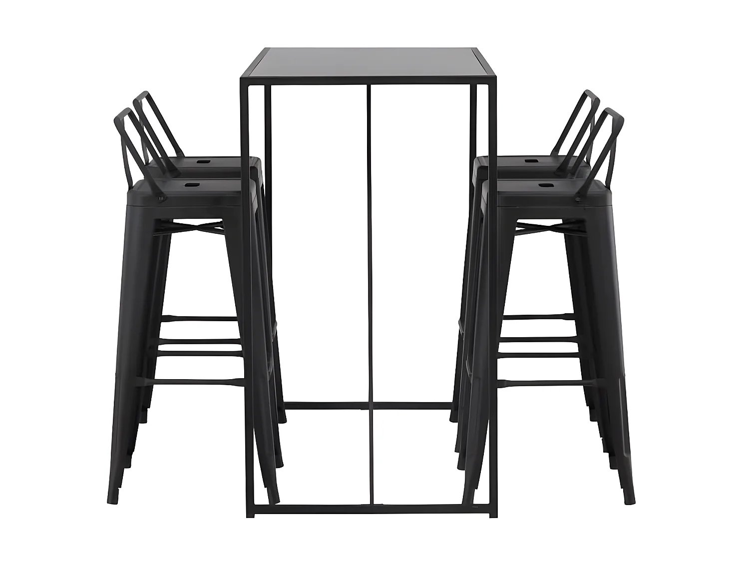 Brea barmeubelset bartafel zwart en 4 Tempe barstoelen zwart.