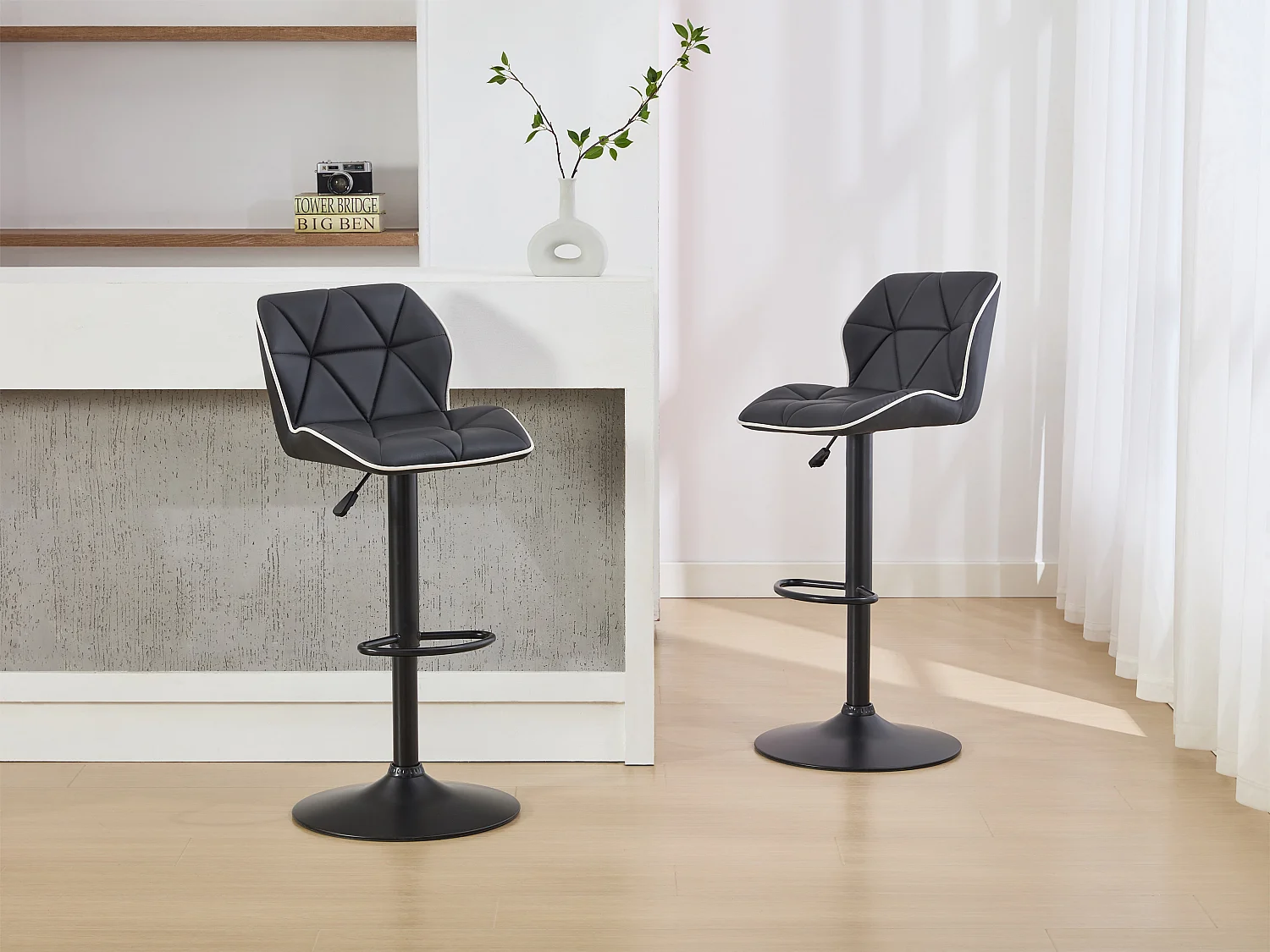 Barhocker 2er-Set höhenverstellbar - Kunstleder & Stahl - Schwarz - CALVIN