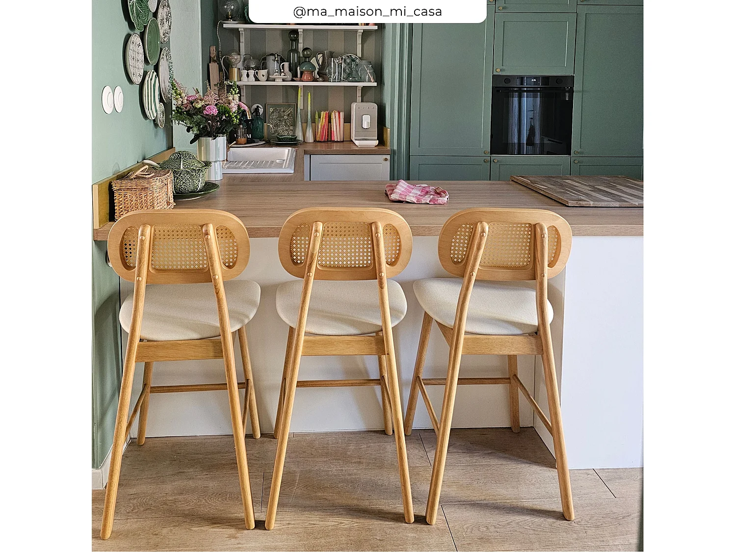 Set de 2 sillas para isla de cocina en madera y tela beige 64,5 cm - Maria