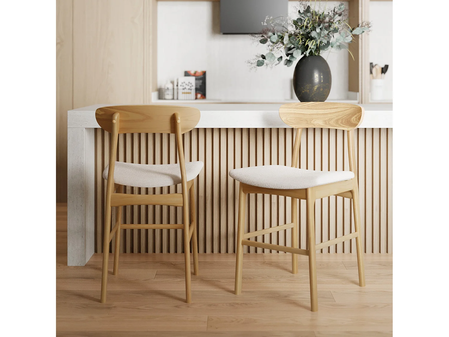Lot de 2 chaises pour îlot central 66 cm en tissu beige et bois - Lana