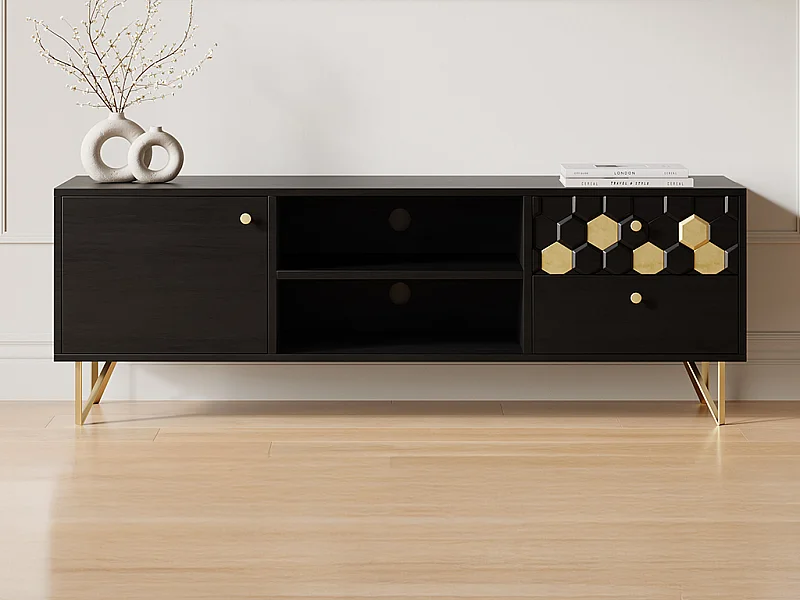 Meuble TV avec 1 porte, 2 tiroirs et 2 niches en bois de manguier et métal - Noir et Doré - BELORI