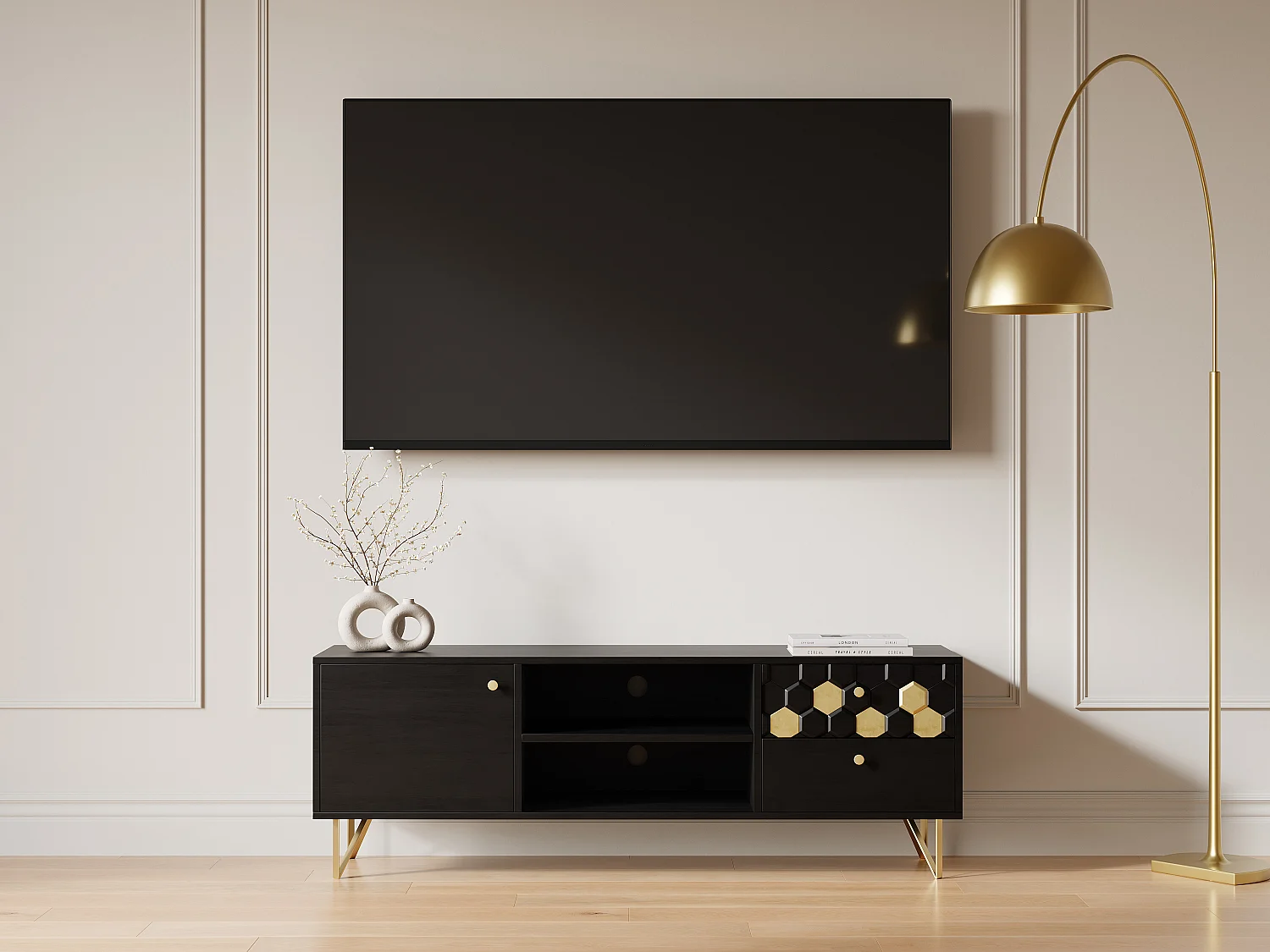 Meuble TV avec 1 porte, 2 tiroirs et 2 niches en bois de manguier et métal - Noir et Doré - BELORI