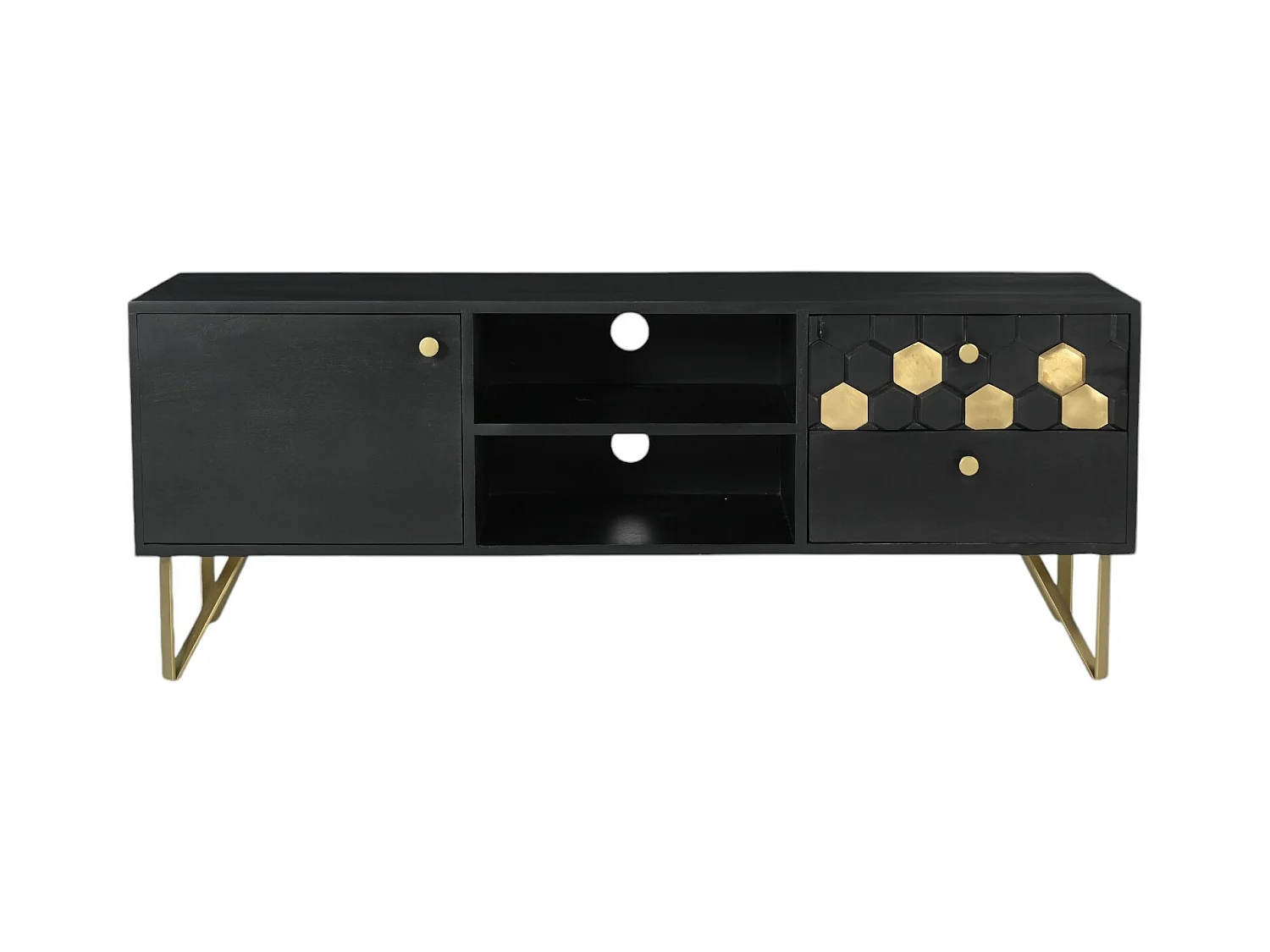 Mueble TV con 1 puerta, 2 cajones y 2 estantes de madera de mango y metal - Negro y Dorado - BELORI