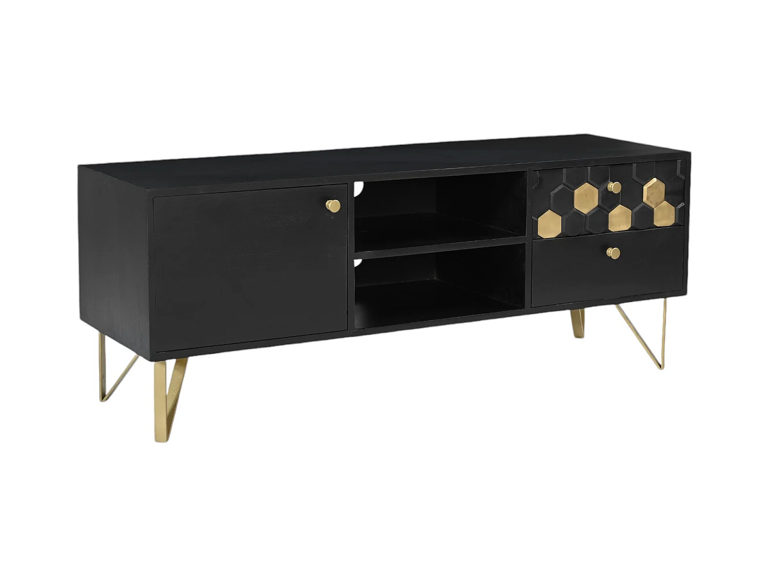 Mueble TV con 1 puerta, 2 cajones y 2 estantes de madera de mango y metal - Negro y Dorado - BELORI