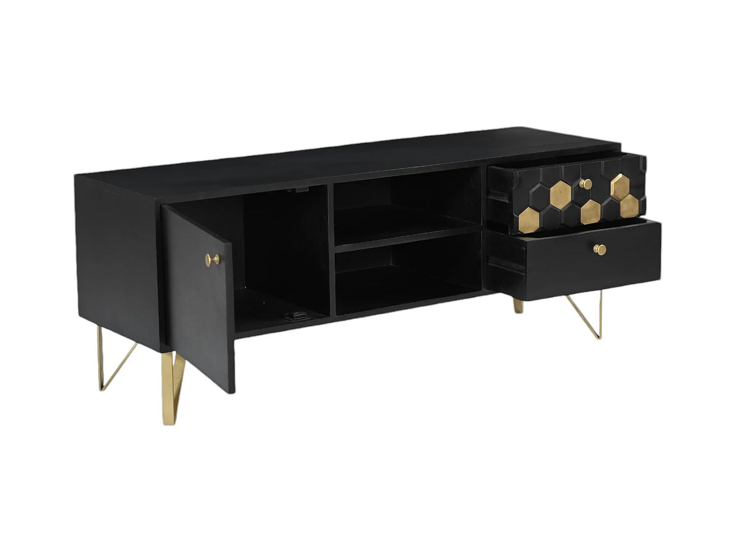 Mueble TV con 1 puerta, 2 cajones y 2 estantes de madera de mango y metal - Negro y Dorado - BELORI