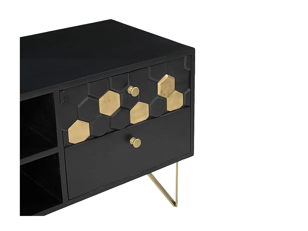 Mueble TV con 1 puerta, 2 cajones y 2 estantes de madera de mango y metal - Negro y Dorado - BELORI