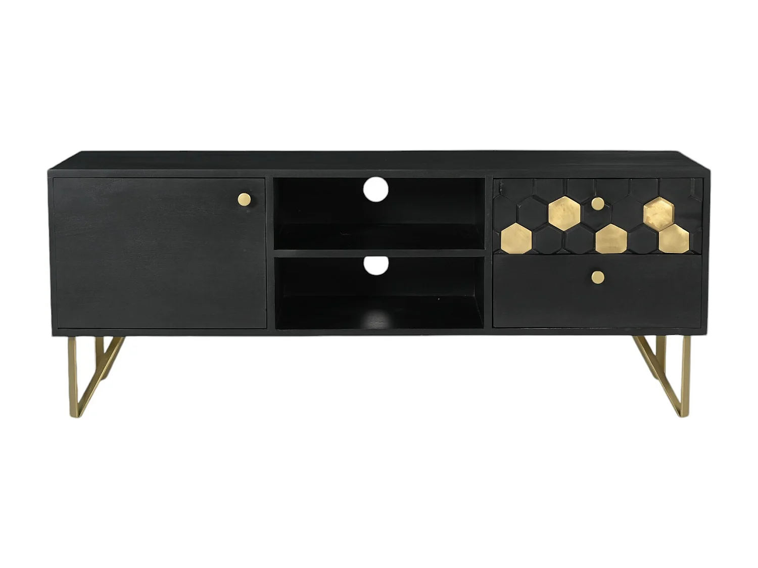 Meuble TV avec 1 porte, 2 tiroirs et 2 niches en bois de manguier et métal - Noir et Doré - BELORI