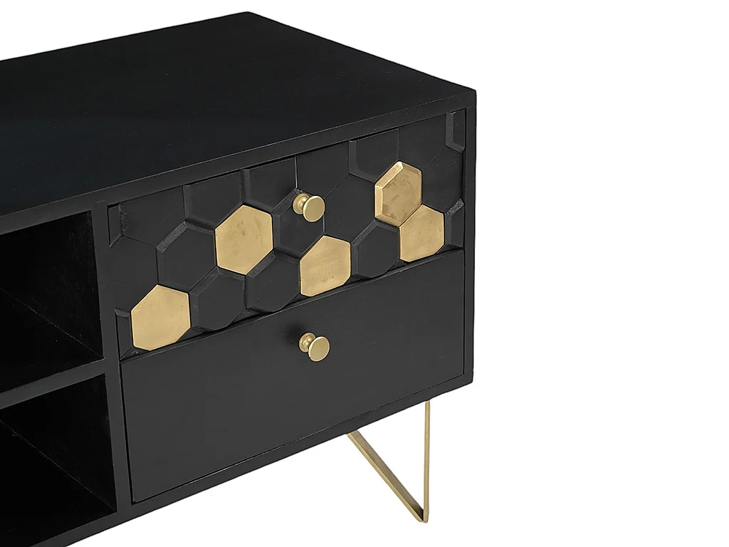 Meuble TV avec 1 porte, 2 tiroirs et 2 niches en bois de manguier et métal - Noir et Doré - BELORI