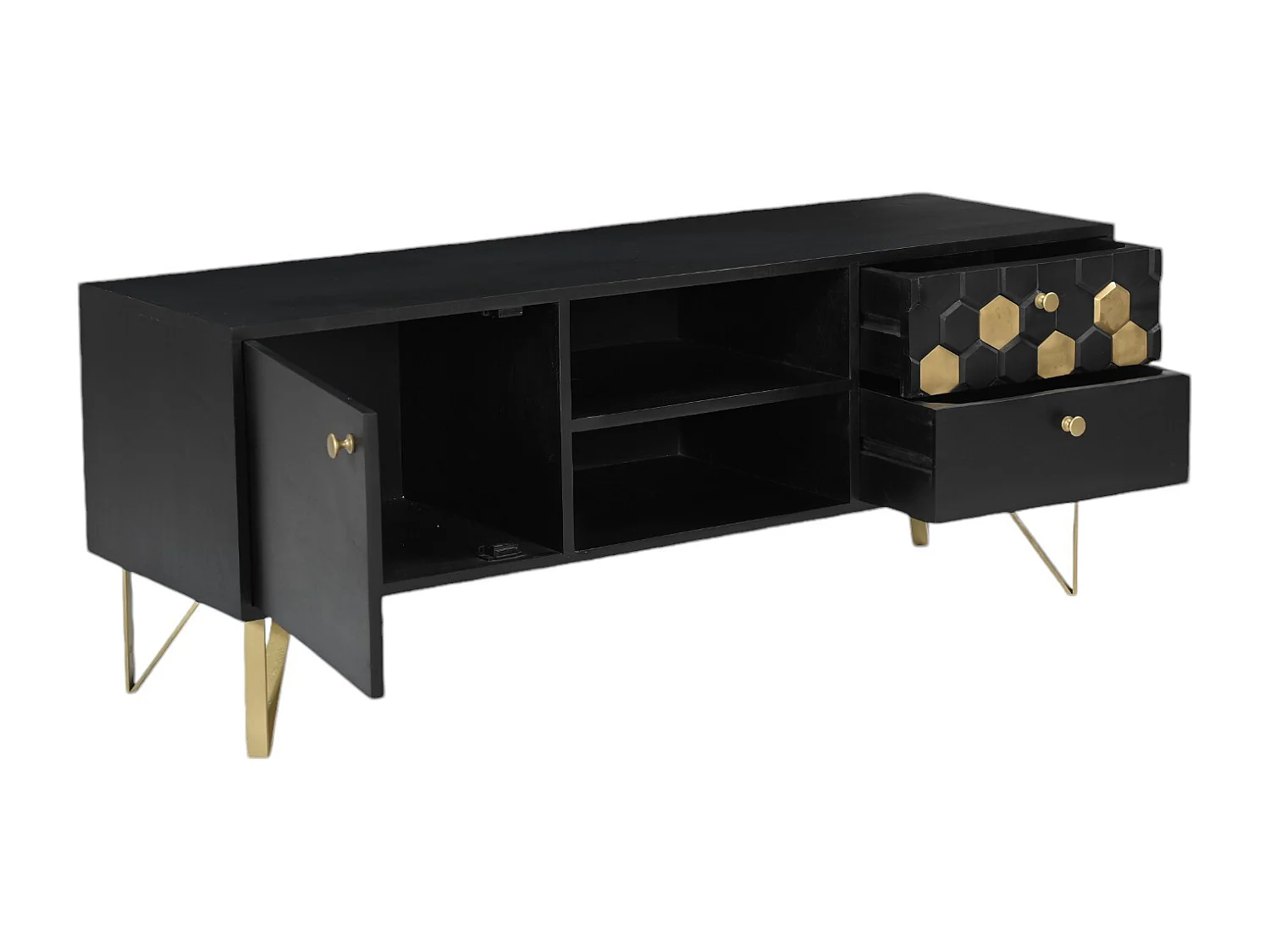 Meuble TV avec 1 porte, 2 tiroirs et 2 niches en bois de manguier et métal - Noir et Doré - BELORI