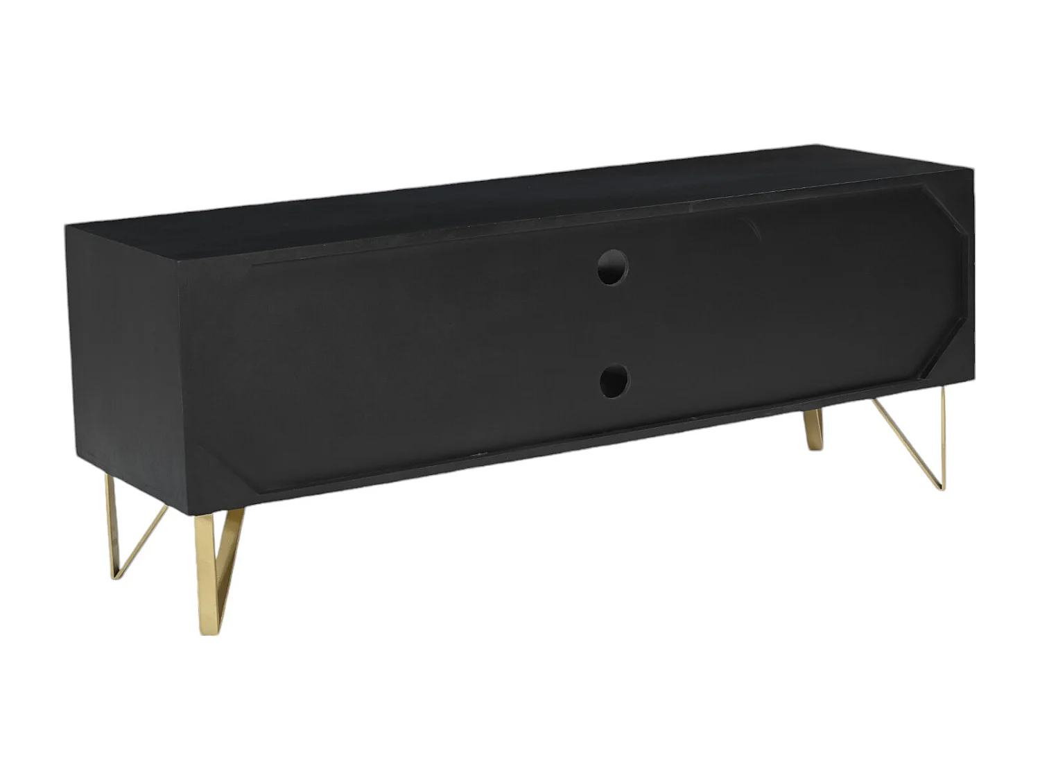 Meuble TV avec 1 porte, 2 tiroirs et 2 niches en bois de manguier et métal - Noir et Doré - BELORI