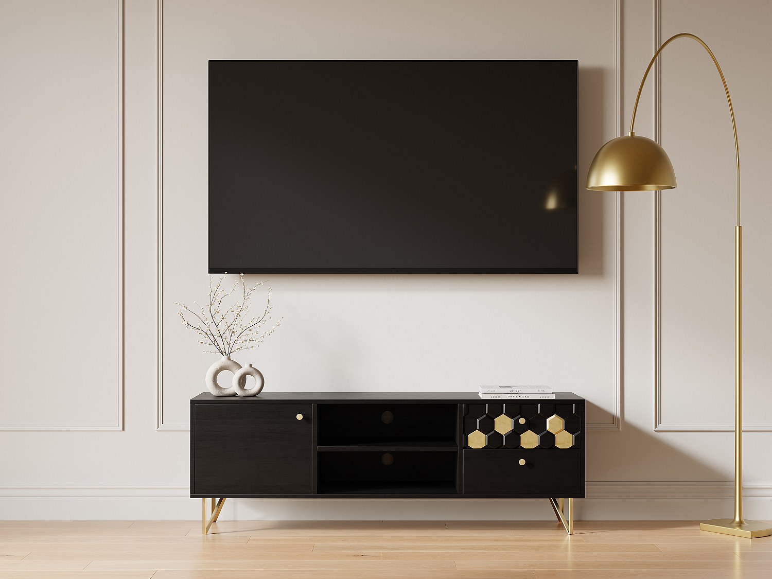 Vente-unique Tv-Möbel Mit 1 Tür, 2 Schubladen & 2 Ablagefächern - Mangoholz & Metall - Schwarz & Goldfarben - Belori