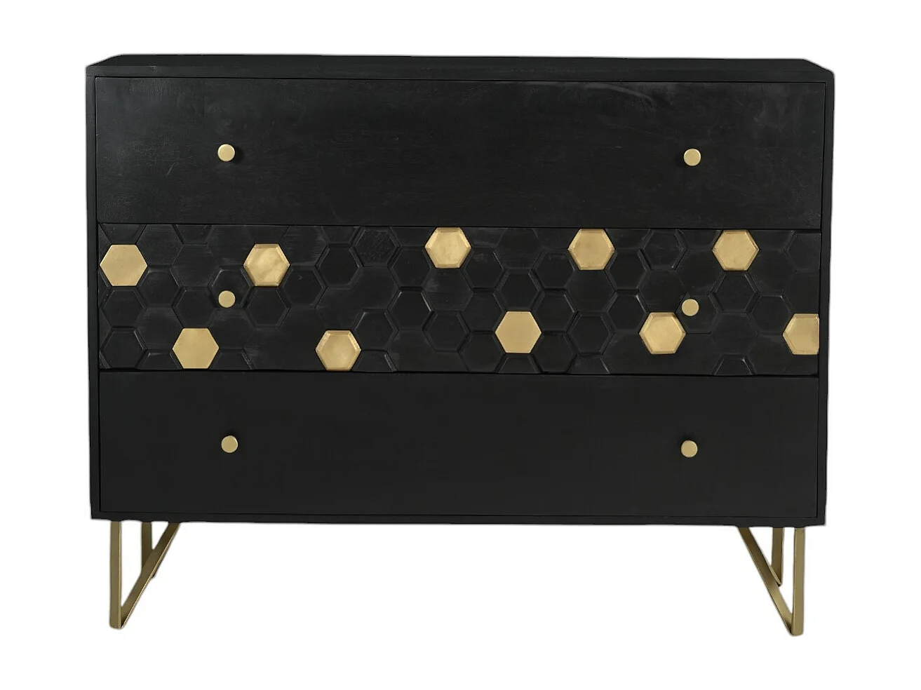 Komoda z 3 szufladami - Drewno mangowca i metal - Czarny i złoty - BELORI