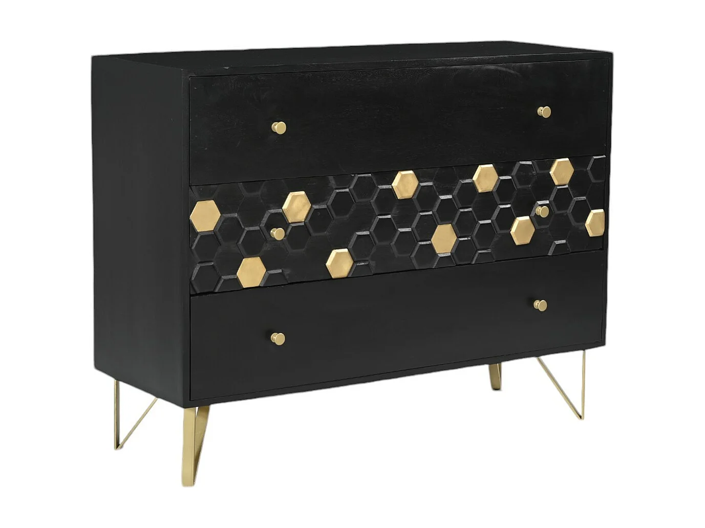 Komoda z 3 szufladami - Drewno mangowca i metal - Czarny i złoty - BELORI
