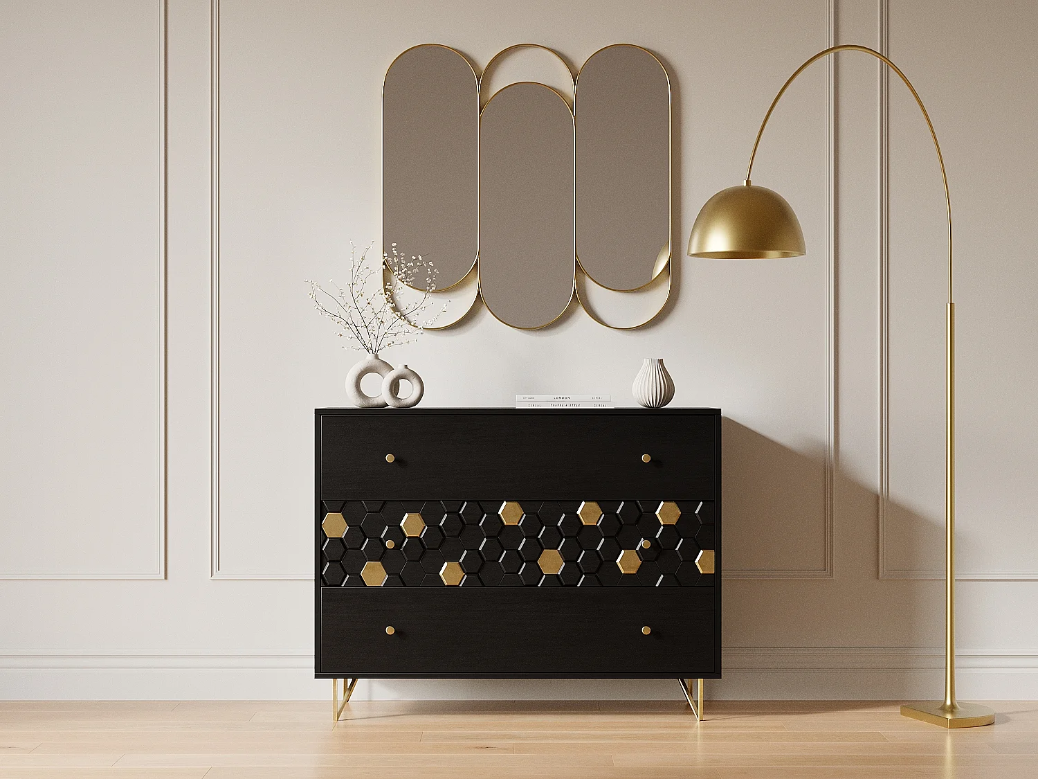 Commode 3 tiroirs - Bois de manguier et métal - Noir et doré - BELORI