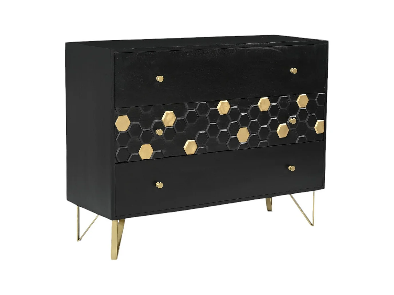 Ladekast 3 lades - Mangohout en metaal - Zwart en goudkleurig - BELORI