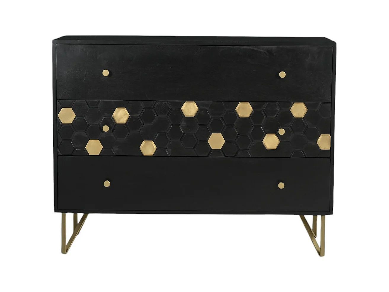 Ladekast 3 lades - Mangohout en metaal - Zwart en goudkleurig - BELORI