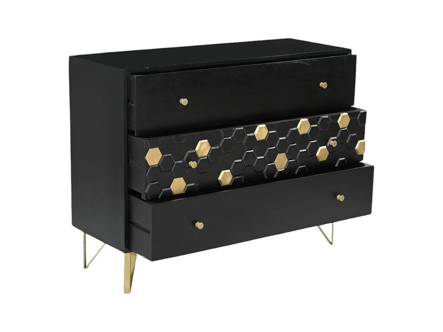 Ladekast 3 lades - Mangohout en metaal - Zwart en goudkleurig - BELORI