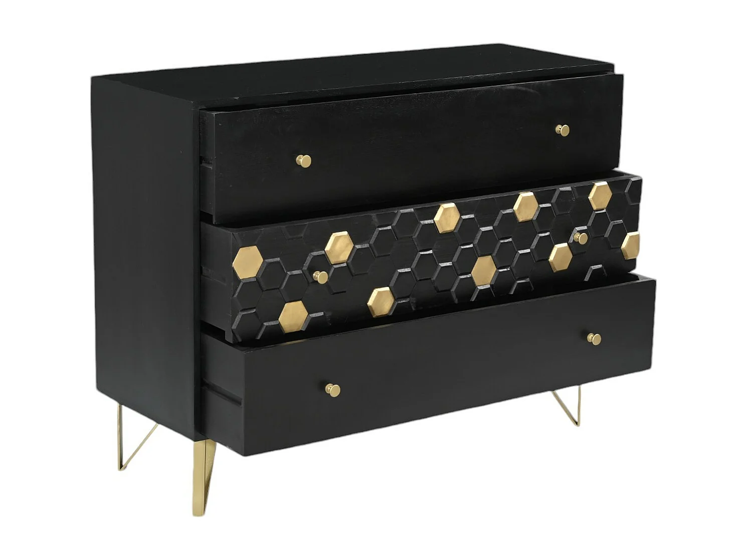 Byrå med 3 lådor - Mangoträ och metall - Svart och guld - BELORI