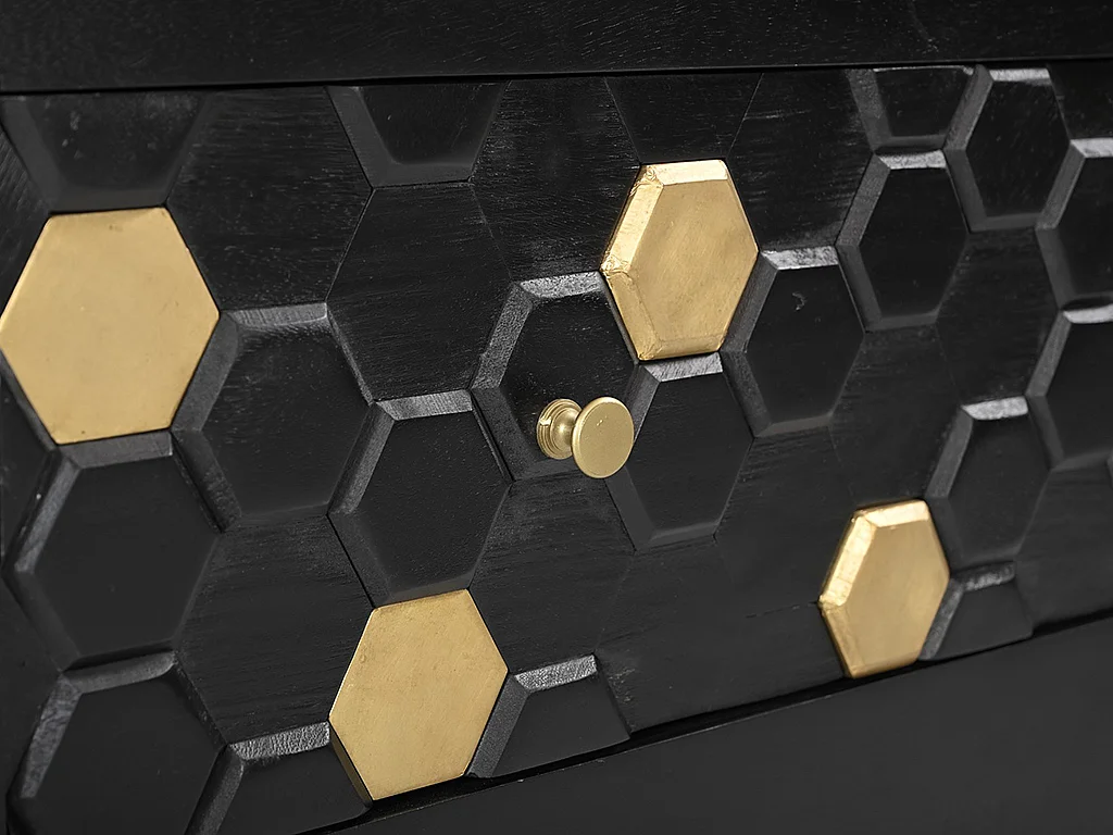 Byrå med 3 lådor - Mangoträ och metall - Svart och guld - BELORI