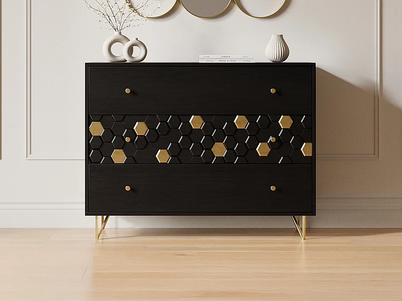 Kommode med 3 skuffer - Mangotræ og metal - Sort og guld - BELORI