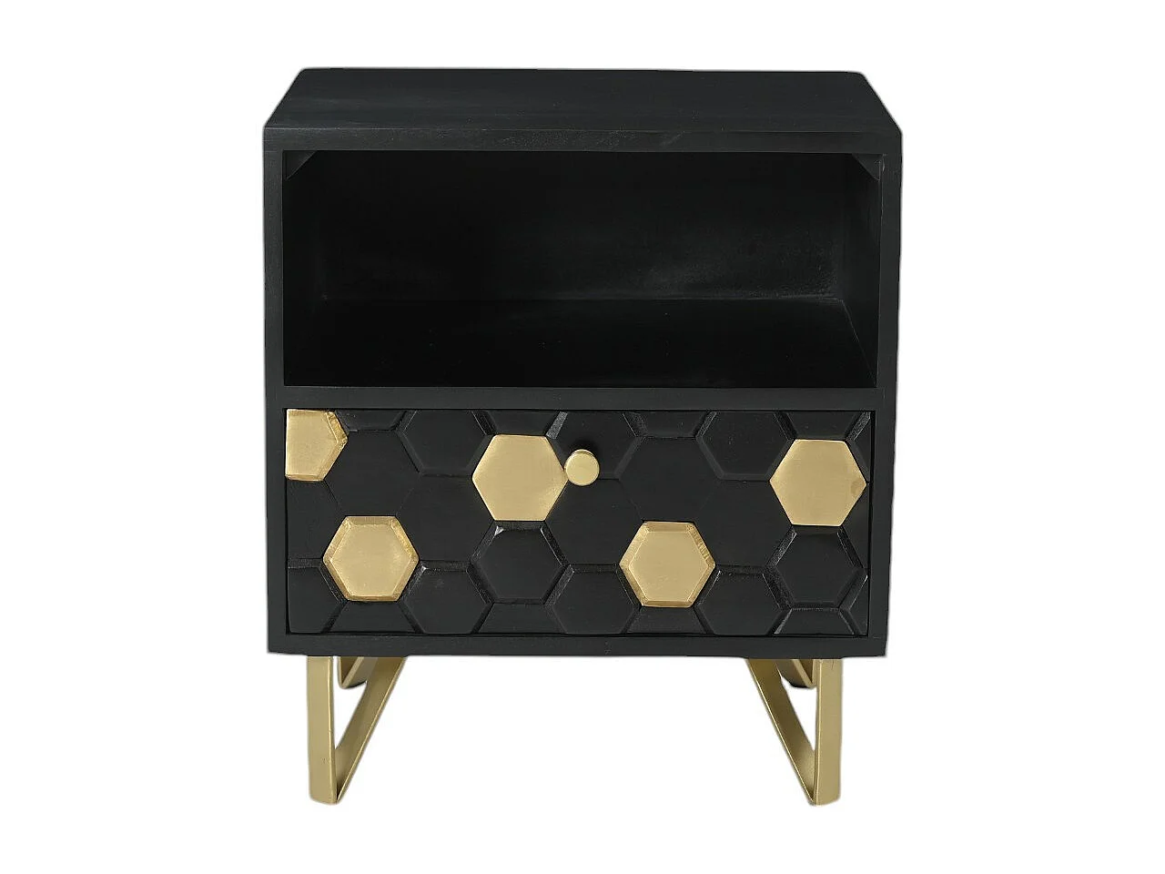 Nachtkastje 1 lade en 1 nis - Mangohout en metaal - Zwart en goudkleurig - BELORI