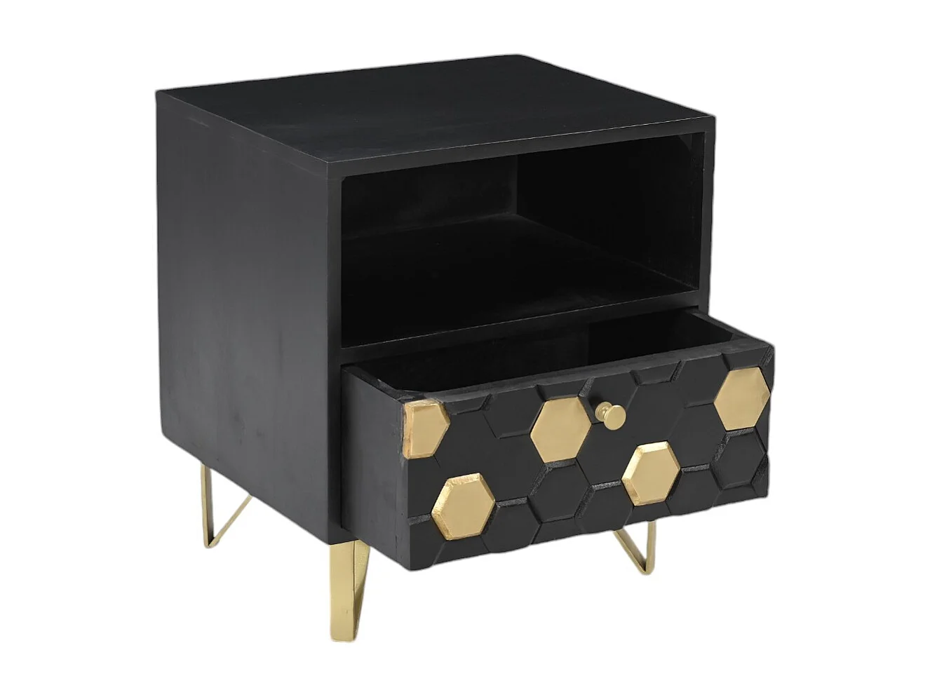 Nachtkastje 1 lade en 1 nis - Mangohout en metaal - Zwart en goudkleurig - BELORI