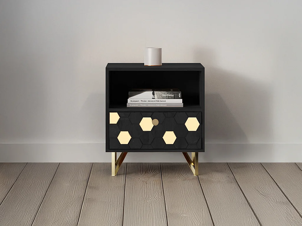 Mesita de noche 1 cajón y 1 estante - Madera de mango y metal - Negro y dorado - BELORI