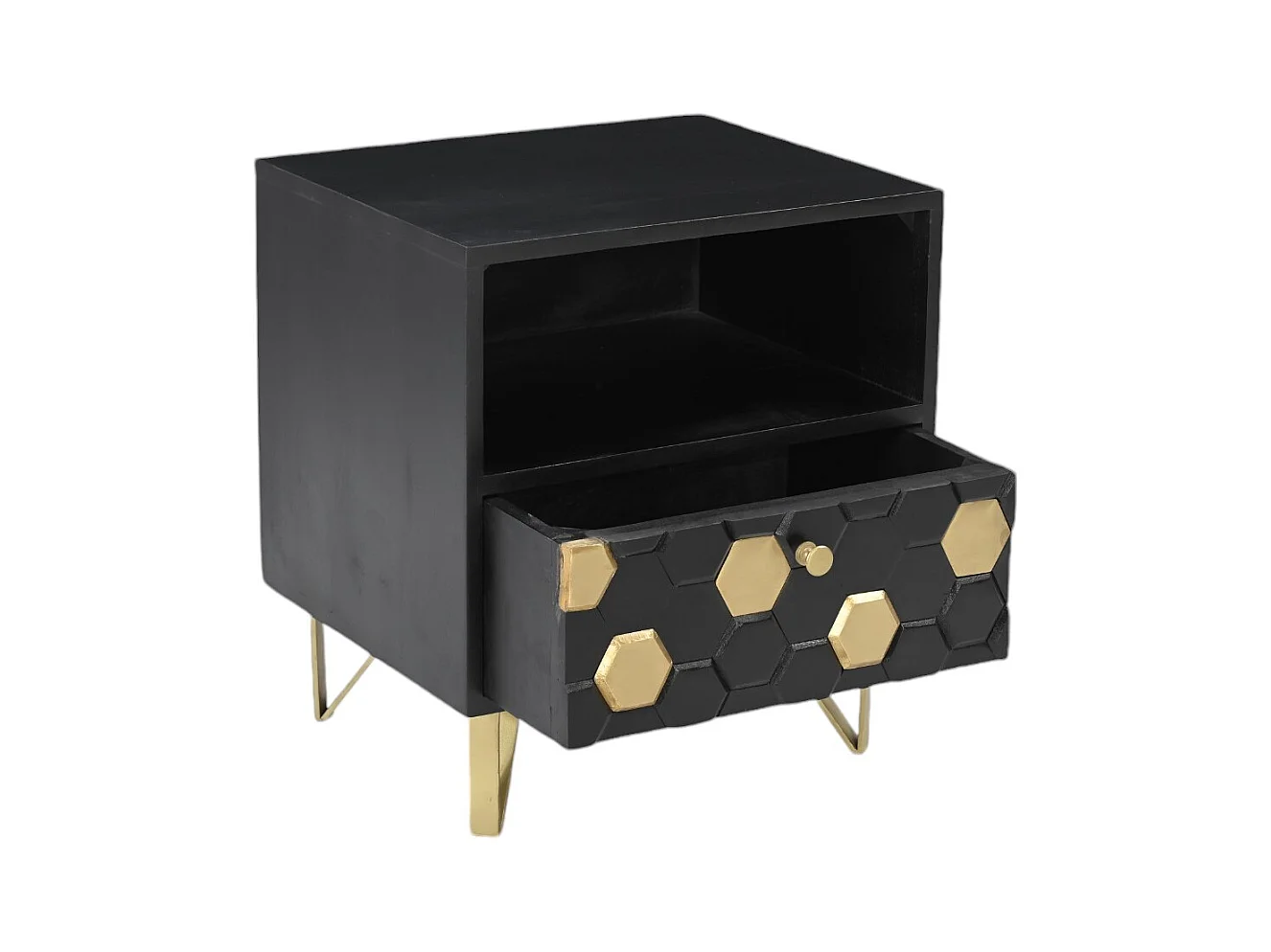 Mesita de noche 1 cajón y 1 estante - Madera de mango y metal - Negro y dorado - BELORI