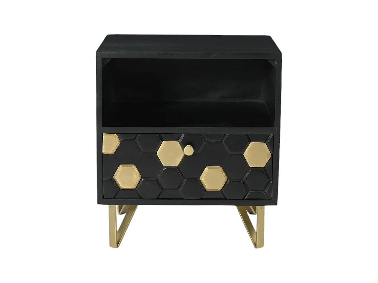 Mesita de noche 1 cajón y 1 estante - Madera de mango y metal - Negro y dorado - BELORI
