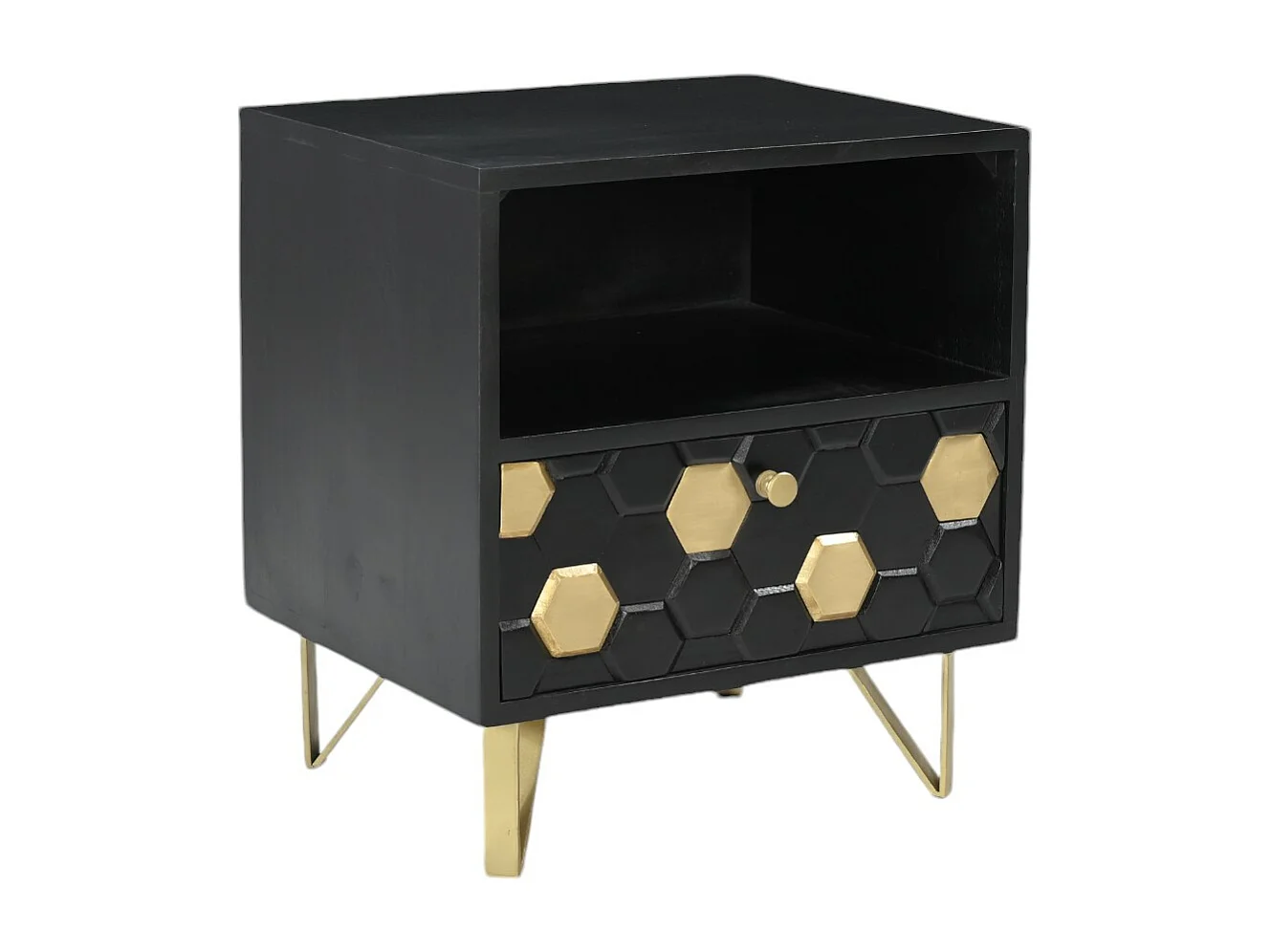 Table de chevet 1 tiroir et 1 niche - Bois de manguier et métal - Noir et doré - BELORI