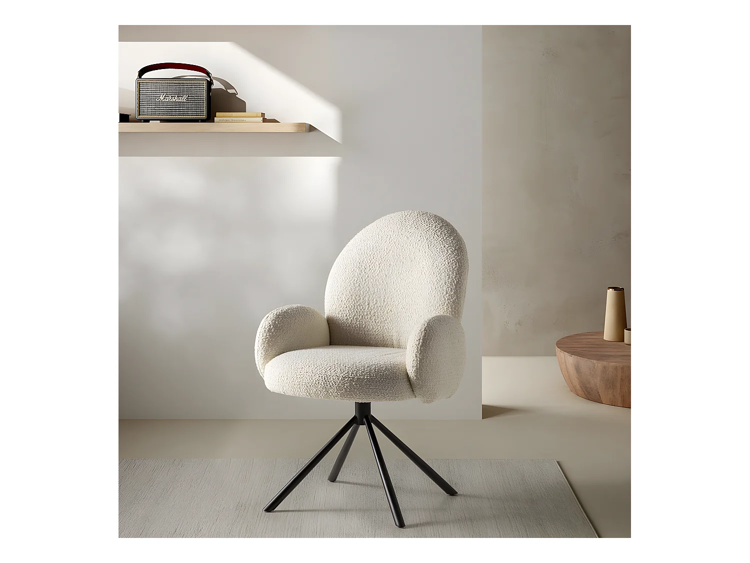 Douro - Chaise de bureau en tissu bouclette et métal - Écru