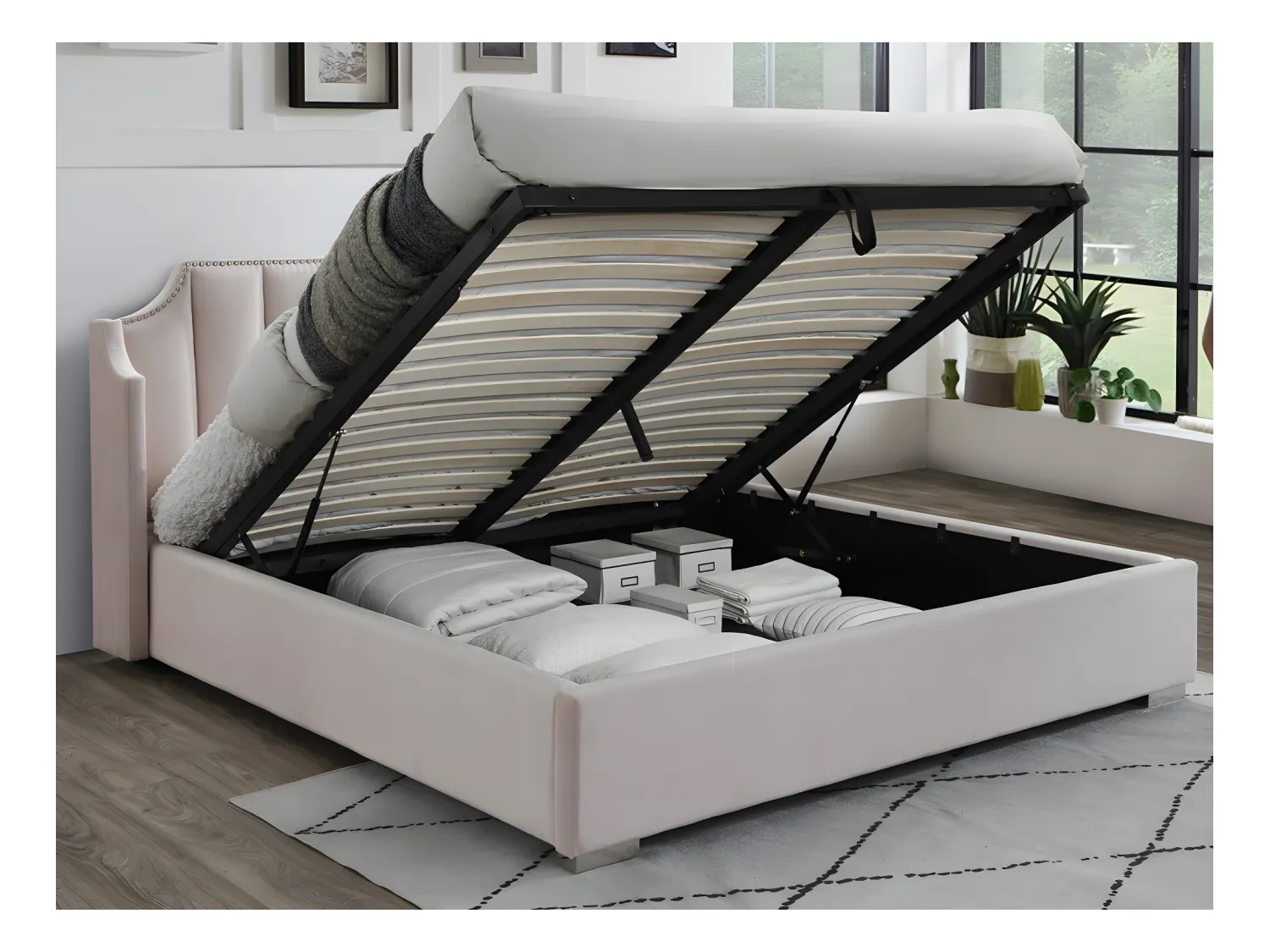 Bett mit Bettkasten & geschwungenem Kopfteil + Matratze - 160 x 200 cm - Samt - Rosa - TEOMIS